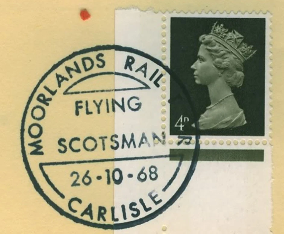 Postmark of Moorlands Rail Fair Carlisle Flying Scotsman 1968